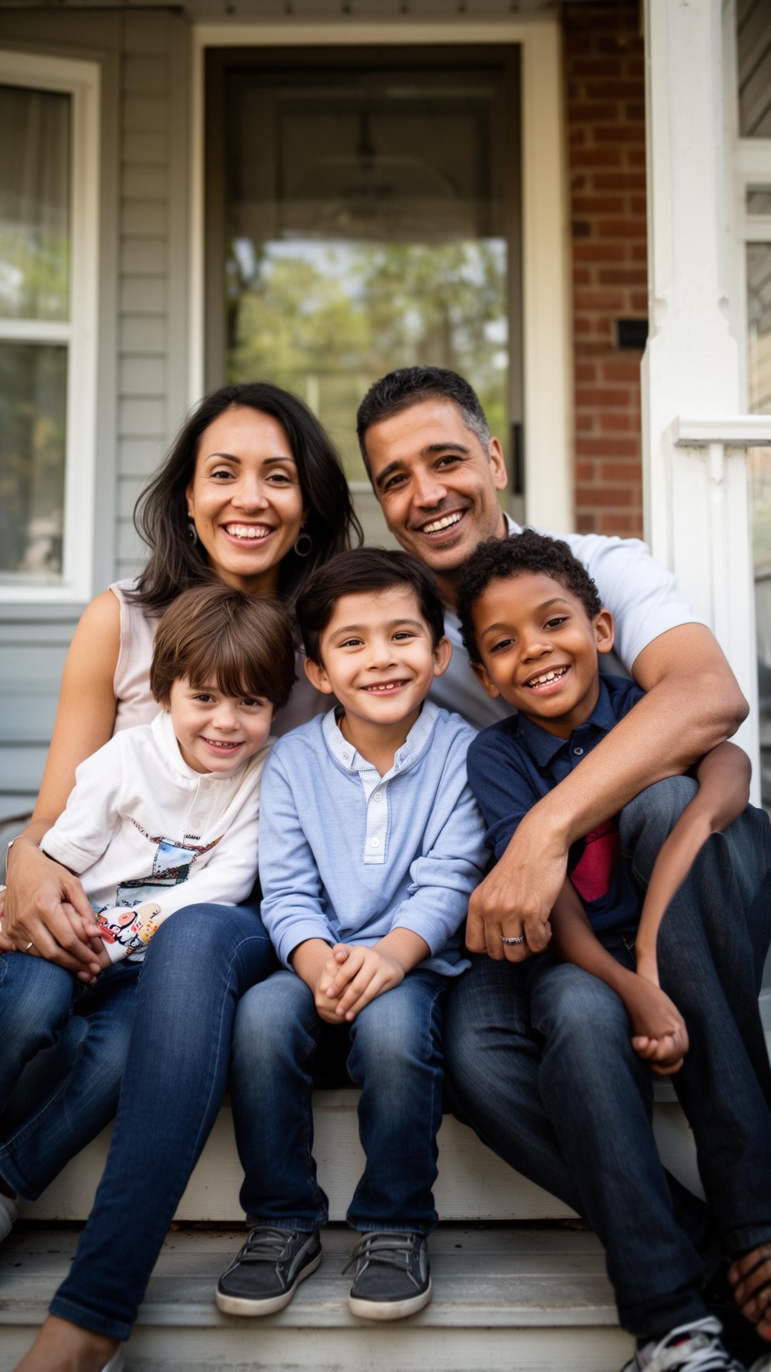 A diverse Canadian family smiling outside their Toronto home